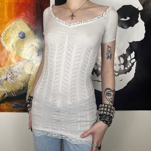 Coquette Off The Shoulder Top / Size XS / Ruched Eyelet Lace Fairy Cottage